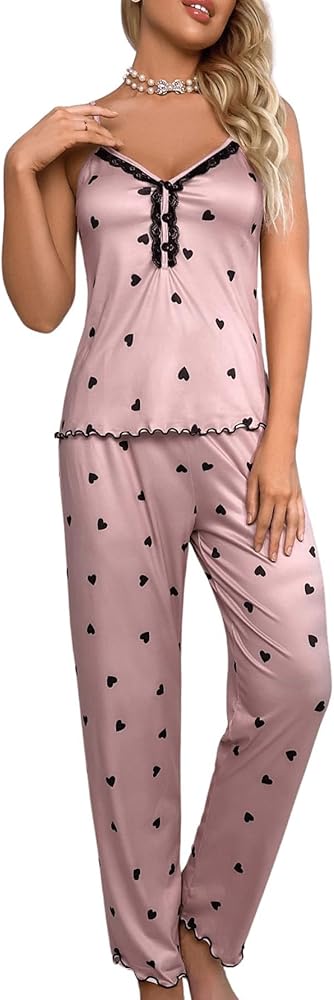 COZYEASE Women's 2 Piece Pajama Set Heart Print Lace Trim Cami Top and Pants Cute Pj Set Soft Sleepwear