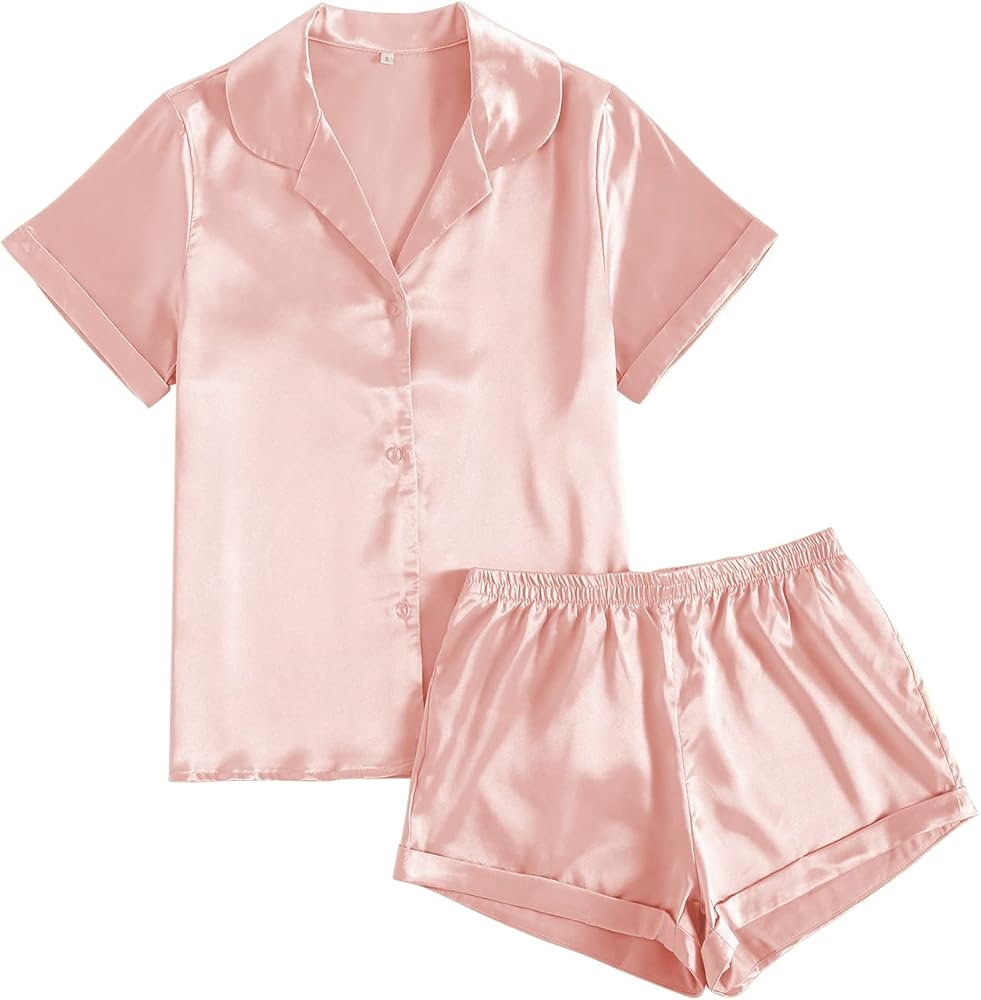 LYANER Women's Sleepwear Satin Silky Short Sleeve Top with Shorts Pajama Set