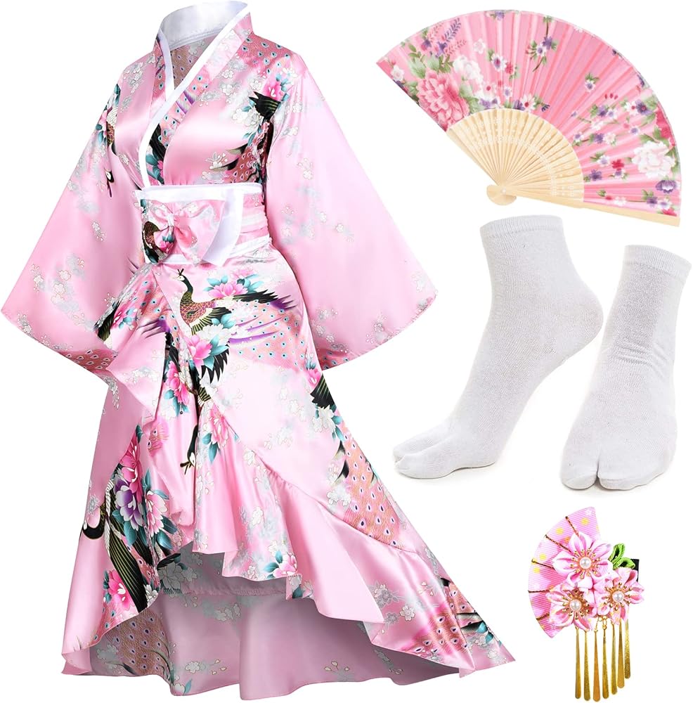 Elibelle Women's Kimono Robe Geisha Yukata Sweet Tuxedo Ruffle Dress Blossom Satin Bathrobe Sleepwear Fans Tabi Socks set