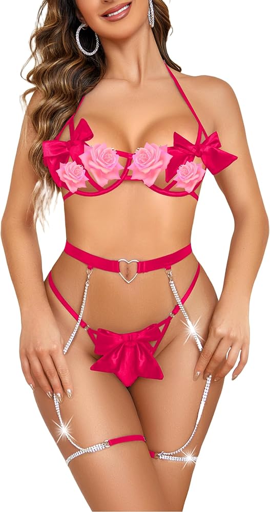 Avidlove Women Exotic Lingerie Sets Underwire Bow Knot Bra and Panty Set Chain Lingerie with Garter