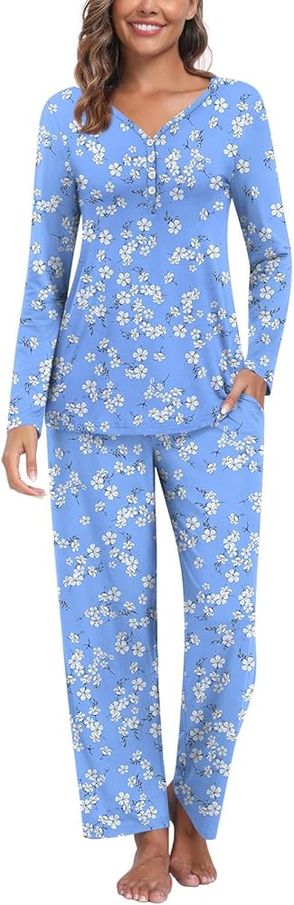 Womens Fall Pajama Sets 2 Piece Lounge Sleepwear Long Sleeve Soft Pjs Top Comfy Pjs Pants with Pockets