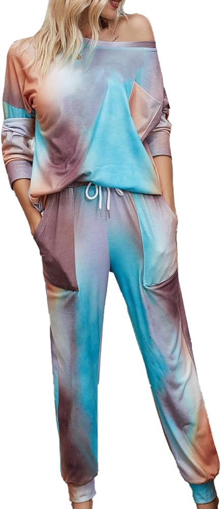 Flygo Women's 2 Pieces Tie Dye Pajamas Long Sleeve Tops and Pants PJ Sets Joggers Loungewear Sleepwear