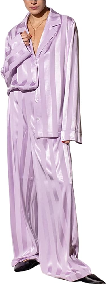 2-piece Silk Pajamas for Women's Long Sleeve Sleepwear Satin Soft Button Down Loungewear Pjs Set