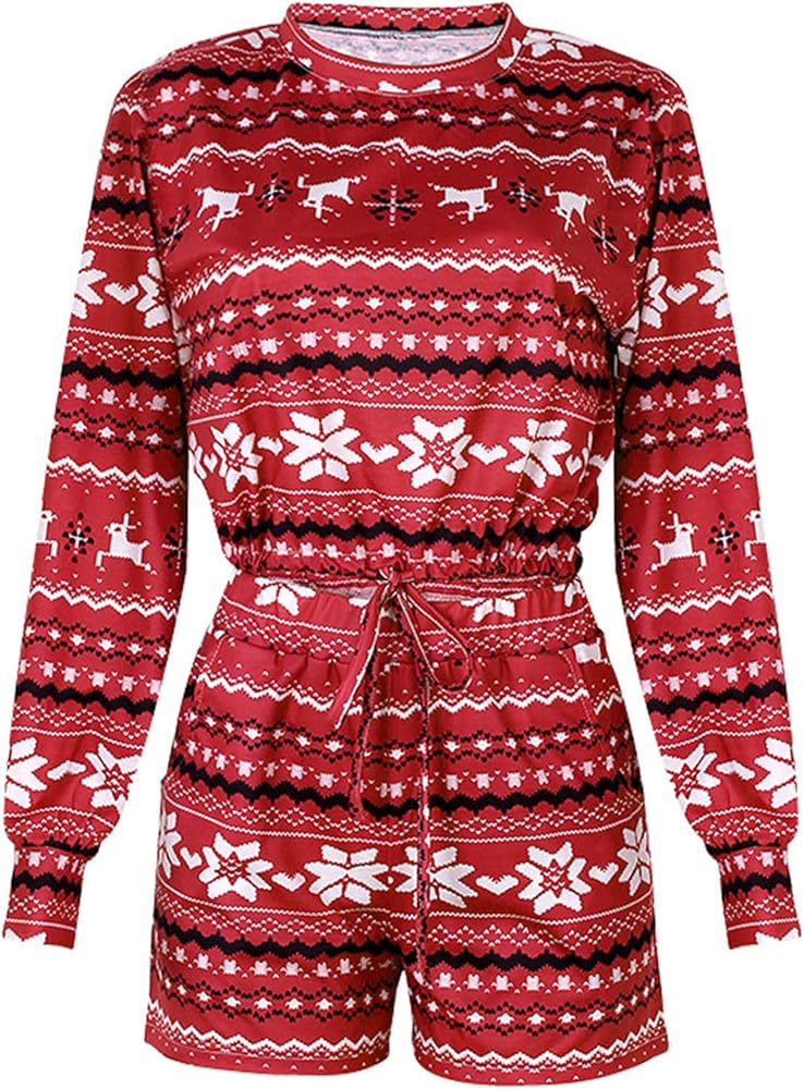 iiniim Christmas Women's Pajama Set Snowflake Deer Printed Tops with Shorts Lounge Set Sleepwear Red Large