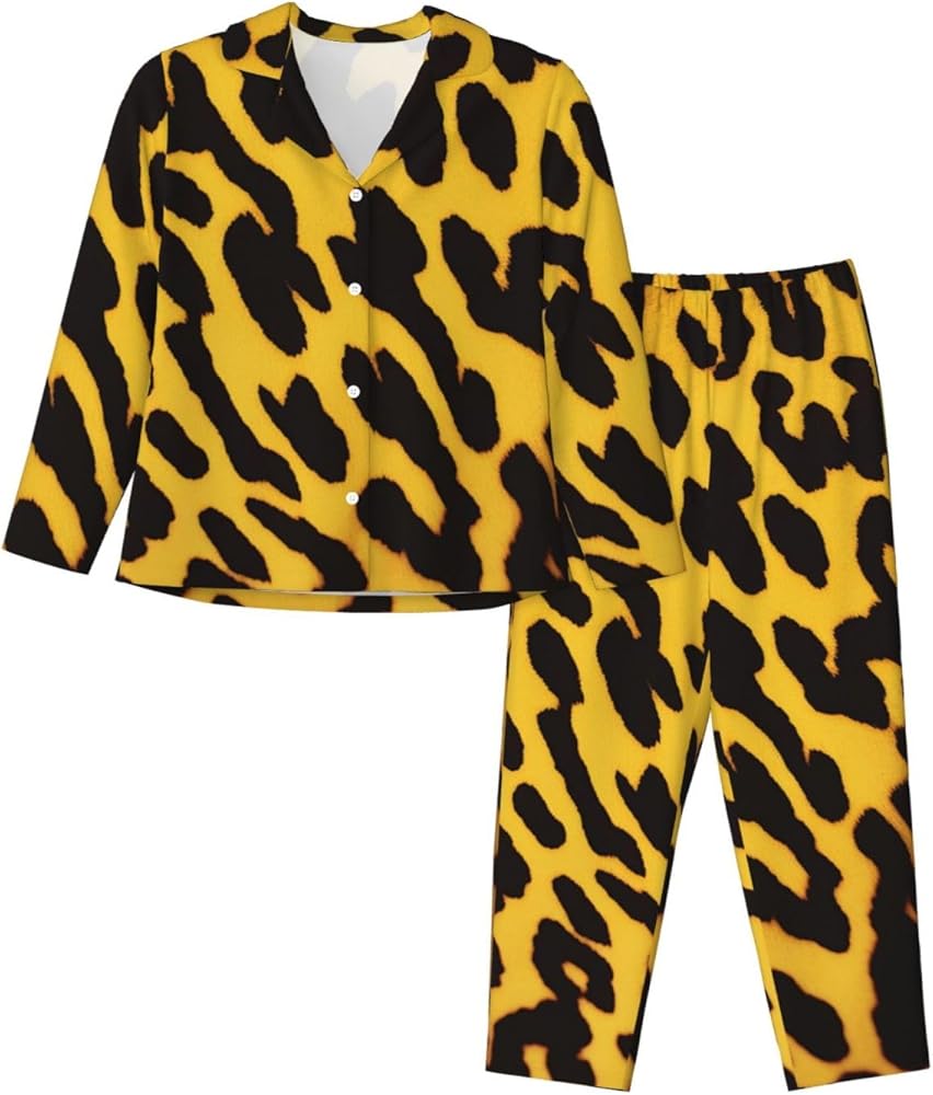 Yellow Leopard Womens Pajama Set Long Sleeve Button Sleepwear Soft 2 Piece Loungewear With Pocket