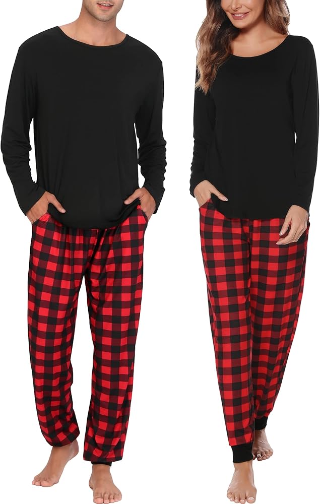 SWOMOG Men & Women Pajama Sets for Couples Long Sleeve Sleepwear Plaid Pants Loungewear Set with Pockets