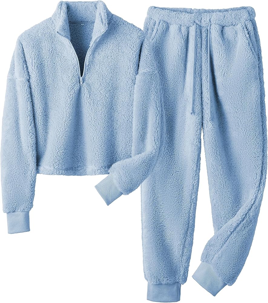 Lianlive Women's Fluffy Pajamas Set Warm Plush 2 Piece Pjs Set for Women Winter Fleece Sleepwear Lounge Sets