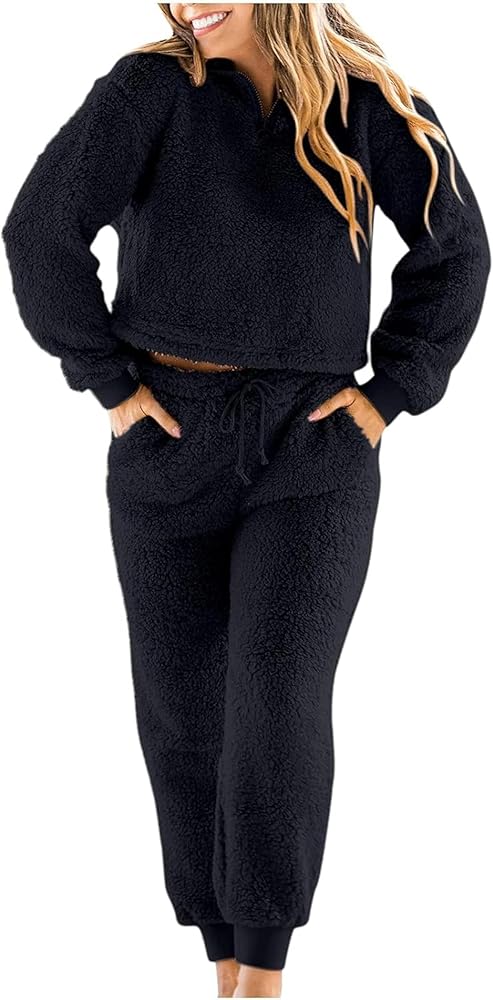 Women's Warm Cosy Long Pyjamas Winter Fleece Two Piece Sleepwear Fleece Lounge Set Fluffy Two Piece Leisure Suit for Women