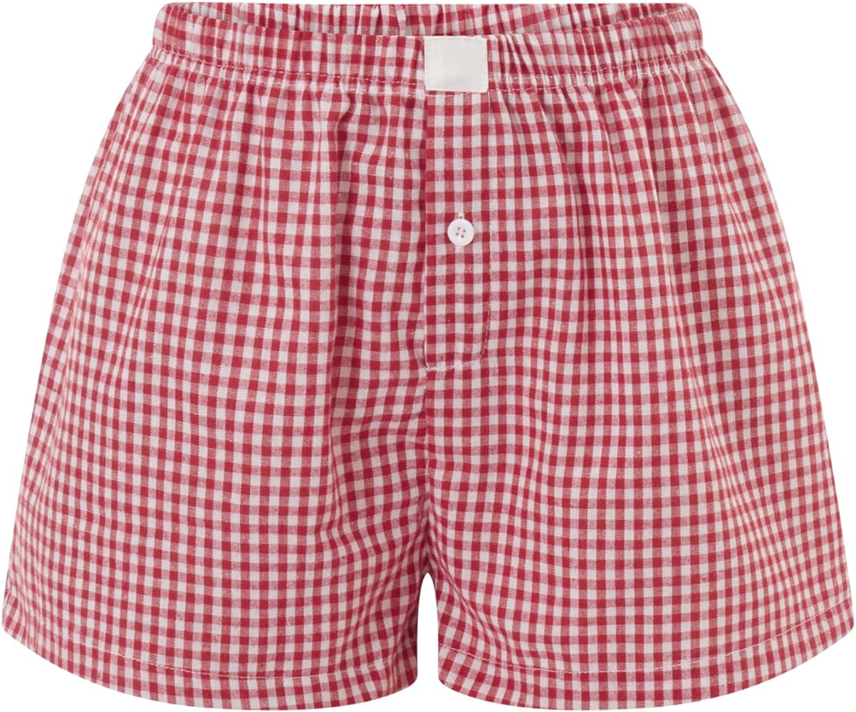 Y2k Gingham Lounge Shorts Women Cute Low Rise Micro Button Pajamas Bottom Summer Loose Fit Plaid Boxers Shorts