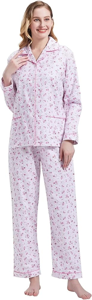 GLOBAL Women's Flannel Pajamas Set 100% Cotton PJs for Women Long Sleeve Button Drawstring Waist Warm Loungewear Sleepwear