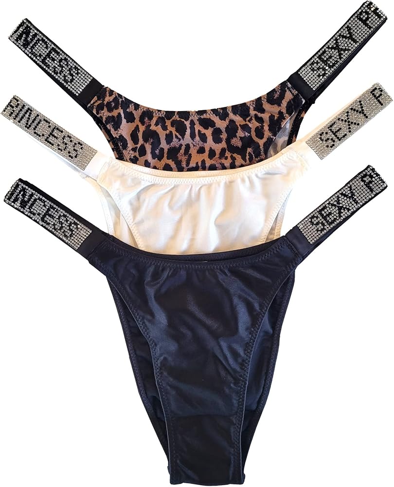 Brazilian Sexy Thong Panties with Rhinestone Straps 3-Pack (Black, White, Animal Print)