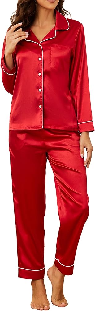 U2SKIIN Women Silk Pajamas Set, Long Sleeve Satin Pajamas for Women Sleepwear Button Down Pjs Set Two-piece