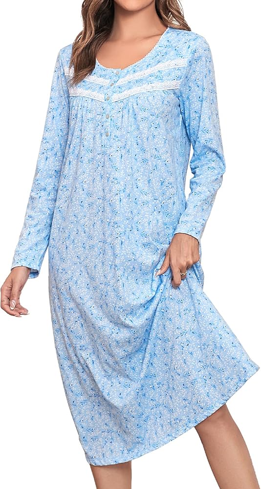 Long Cotton Nightgowns for Women Long Sleeve Night Gowns Women's Sleepwear Full Length Nightdress Soft Loungewear