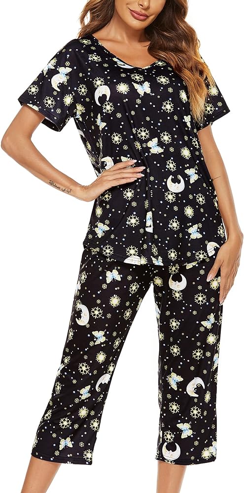 LOCUBE Women's Pajama Sets Lounge Wear Set Short Sleeve Tops and Cropped Pants Pj