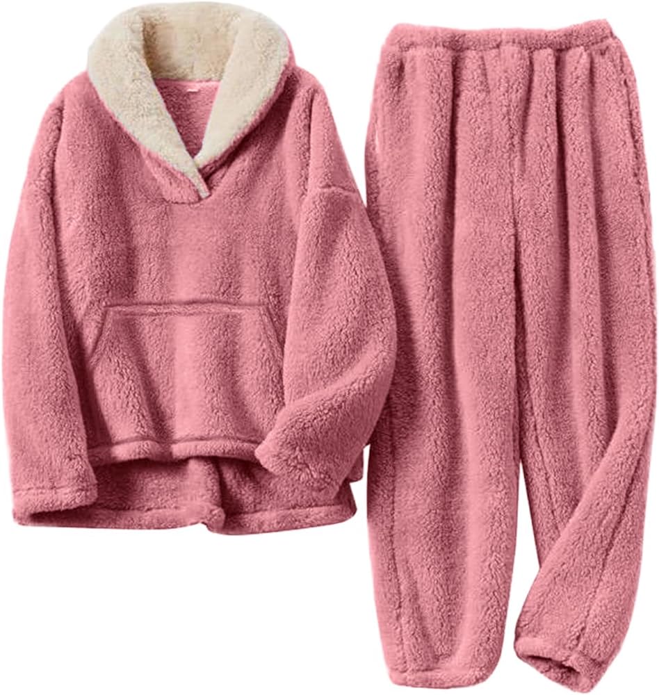 Women' s Fluffy Fleece Pajamas Set Winter 2 Piece Plush Pullover and Pants Loungewear Sleepwear with Pockets