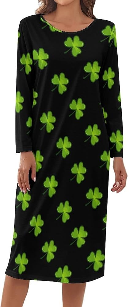 St Patricks Day Shamrock Women's Long Sleeve Sleepwear Soft Long Nightgown House Dress L