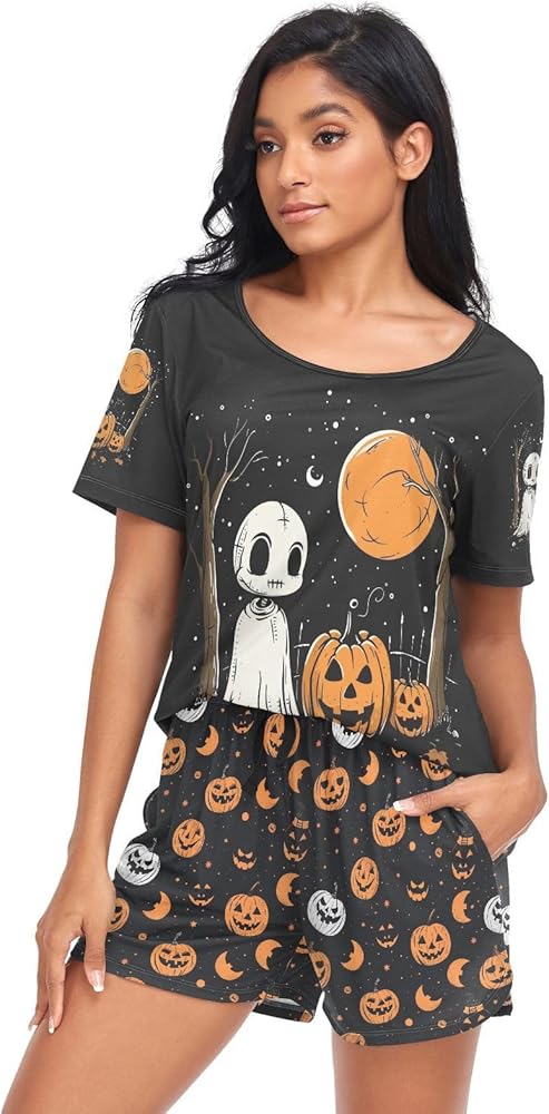 Happy Halloween Skull Ghost Pumpkin Women's Shorts Pajama Set Short Sleeve Sleepwear with Pockets S-XXL