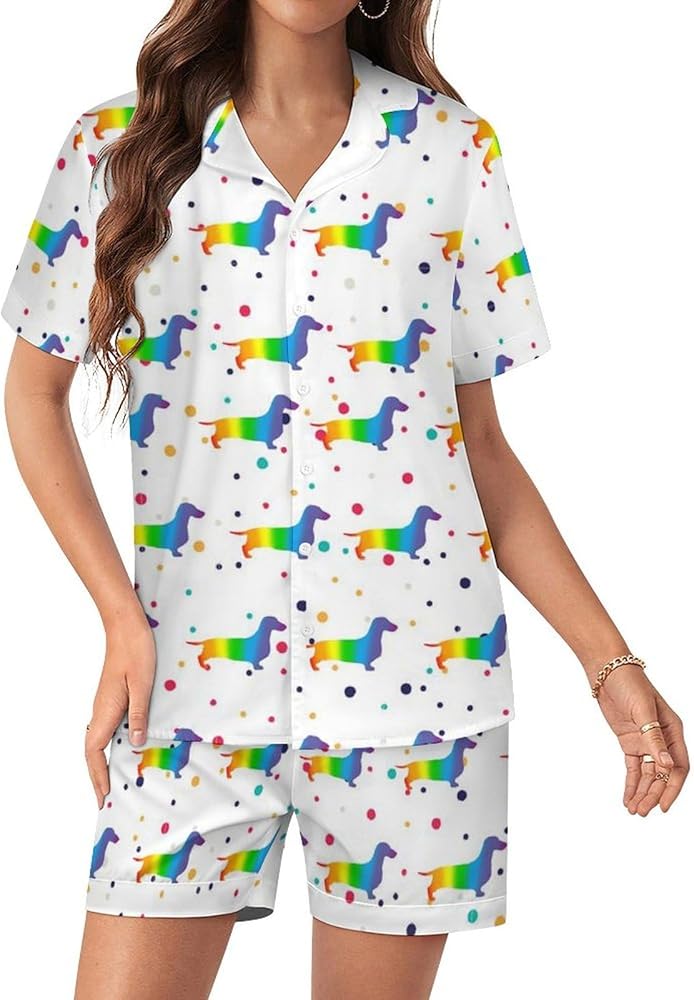 Rainbow Daschund Womens Silk Satin Pajamas Set Short Sleeve Button-Down Sleepwear Loungewear Pj Set