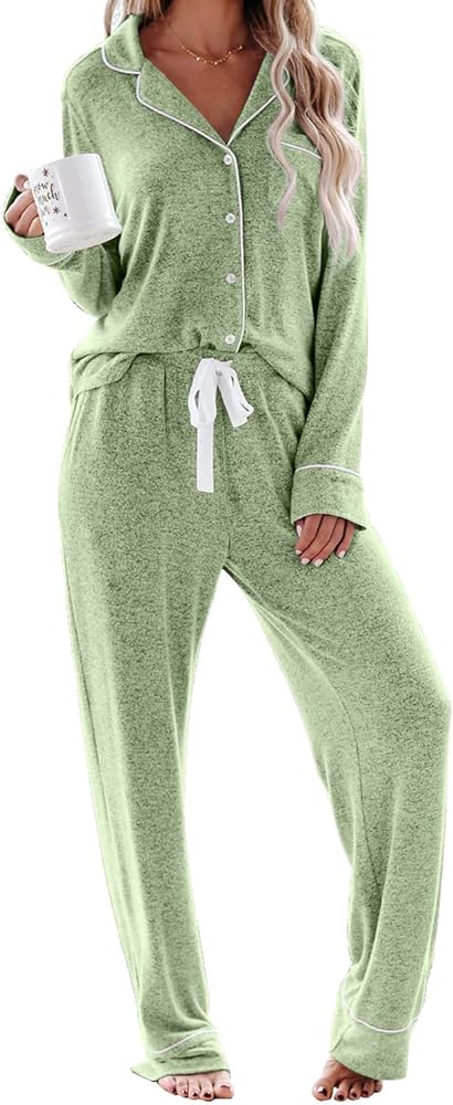 Aamikast Pajama Set for Women Button Down Soft Long Sleeve Pjs Sleepwear Sets (Light Green,XL)