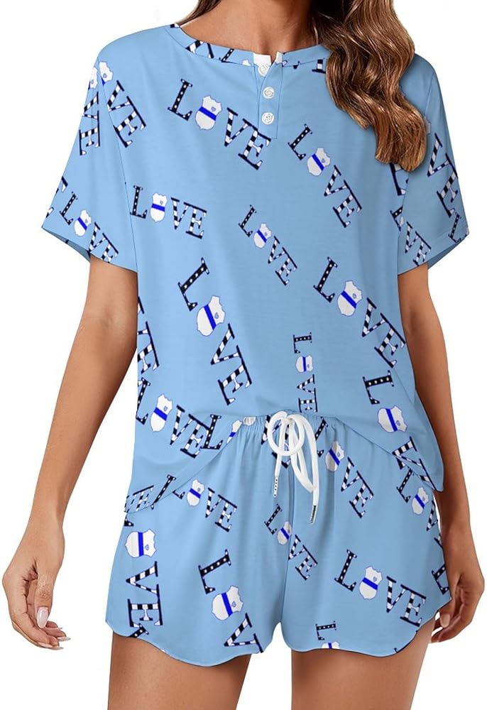 Blue Line Love Police Women's 2 Piece Pajamas Short Sleeve Shorts Sleepwear Set Causal Loungewear Home Suit 5XL