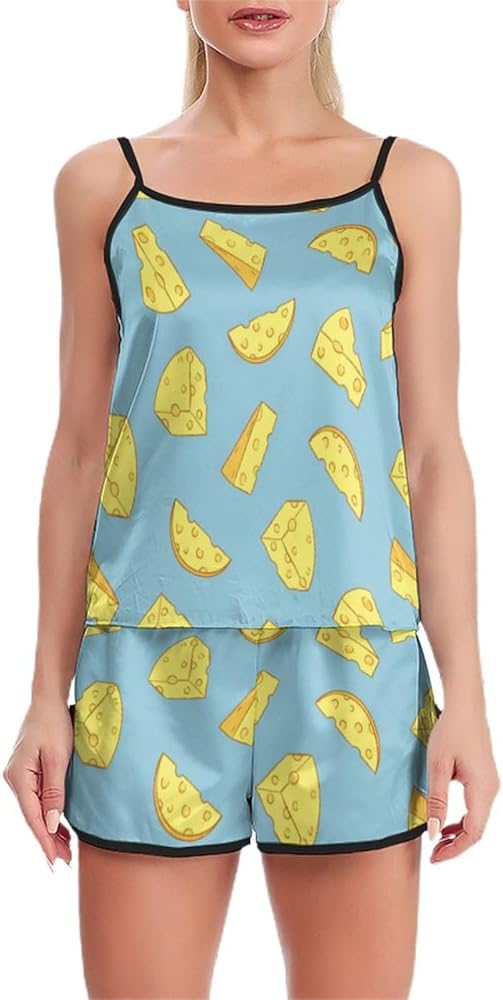 Pieces of Cheese Pattern Womens Pajama Sets Sleeveless Slip Top And Shorts Comfortable Sleepwear Loungewear