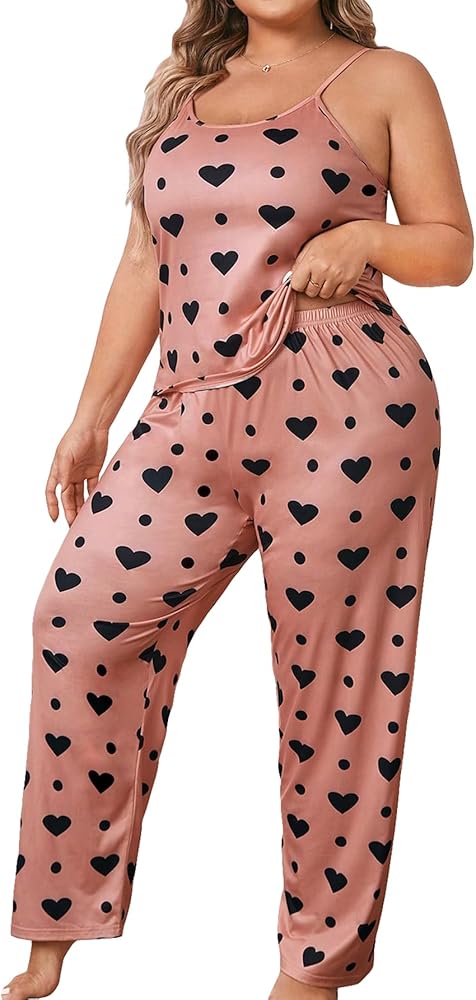 OYOANGLE Women's Plus Size 2 Piece Pajama Set Heart Print Spaghetti Strap Cami Top and Pants Sets