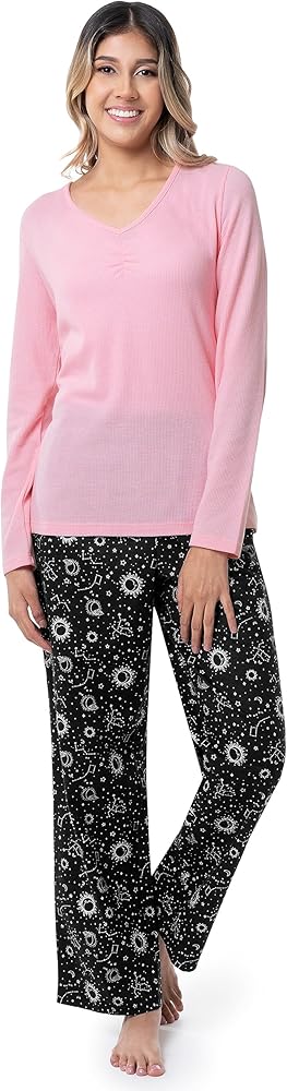 Fruit of the Loom Women's Waffle V-Neck Top and Flannel Pant Sleep Set