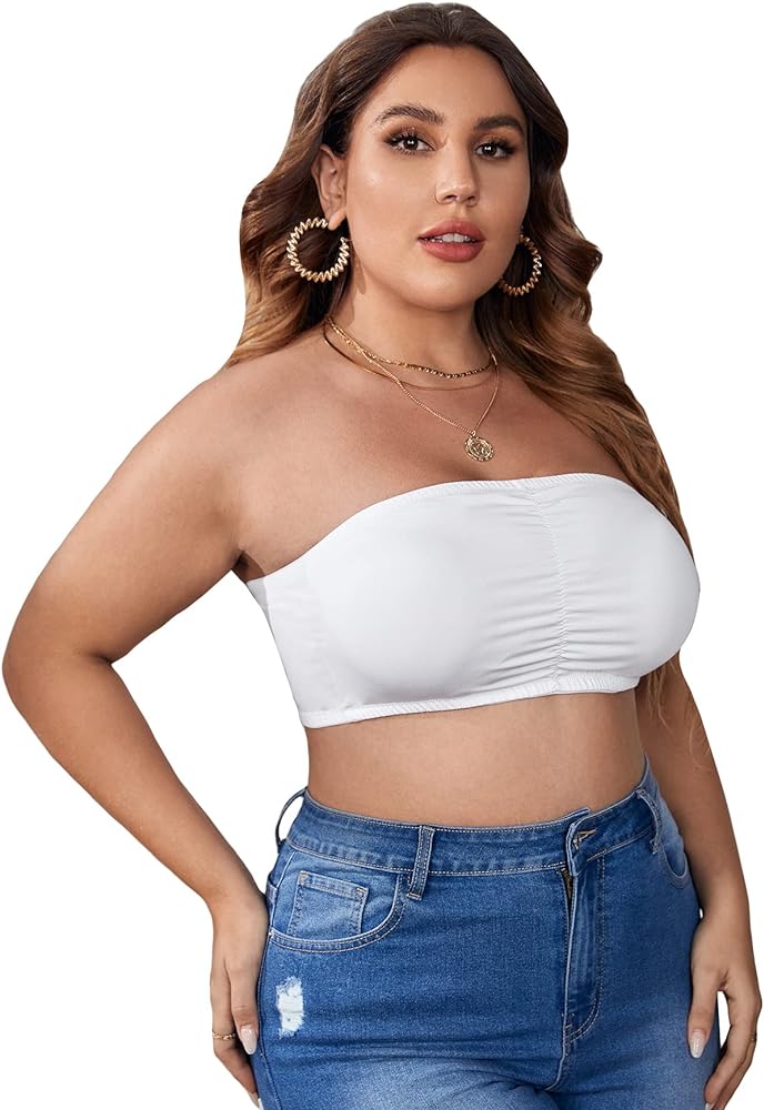 WDIRARA Women's Plus Size Ruched Strapless Bandeau Bra Crop Cami Top Bralette