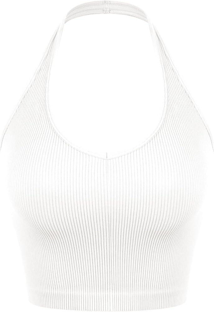 ODODOS Seamless Halter Crop Tops for Women Ribbed Soft V Neck Open Back Cropped Tank Top