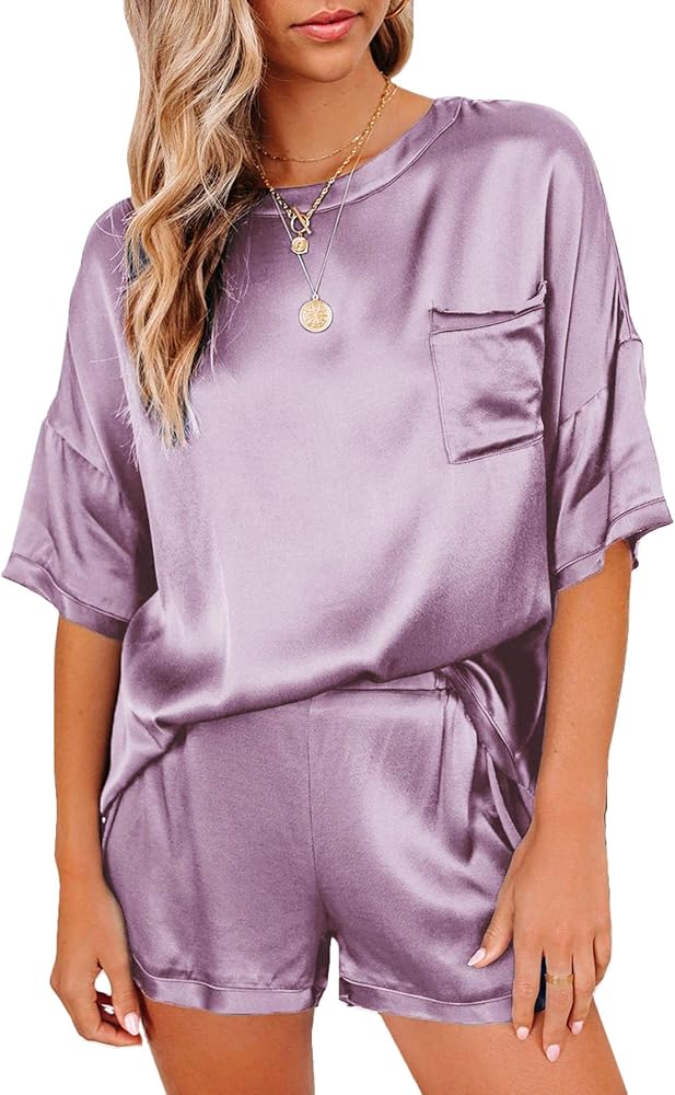 LYANER Women's Satin Silky Pajama Set Short Sleeve T-shirt With Shorts Set PJ Loungewear