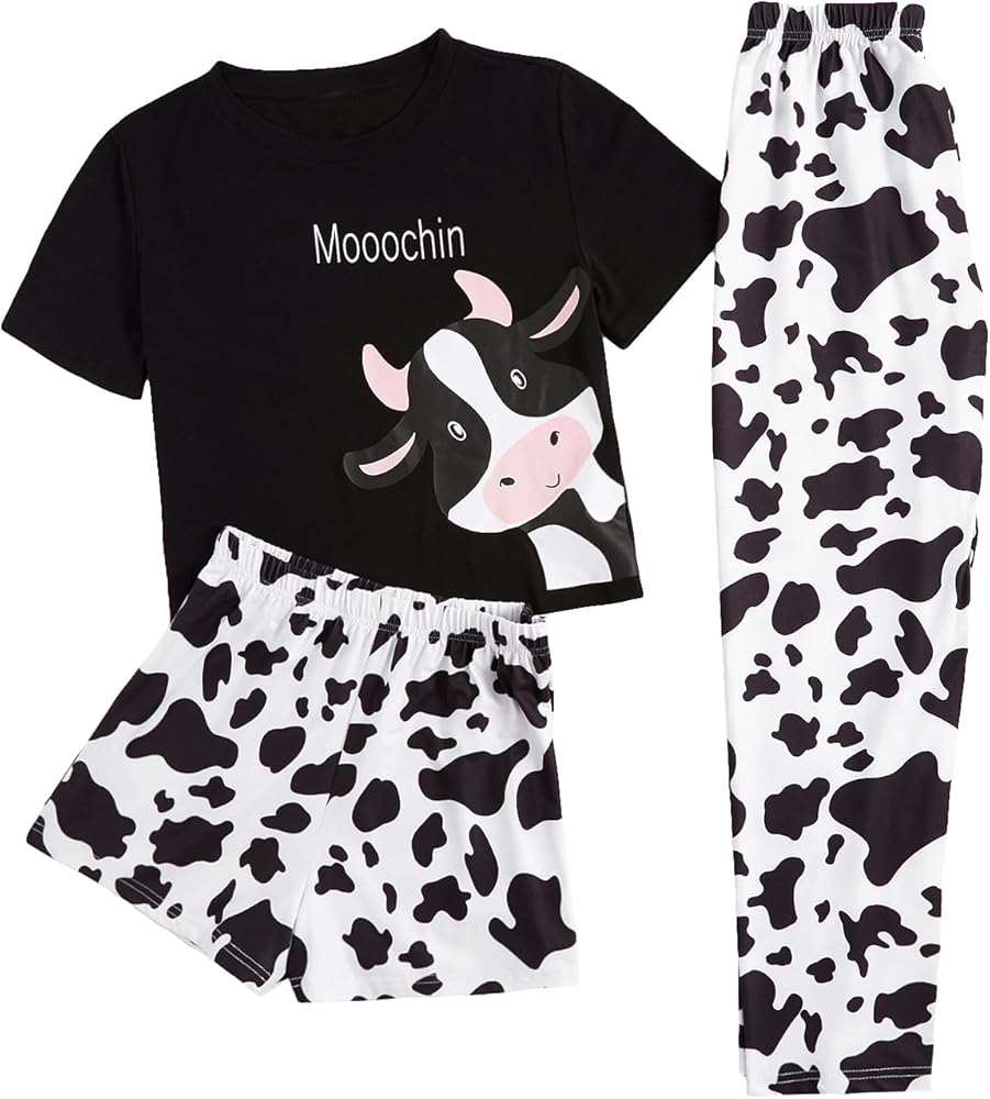 WDIRARA Women's 3 Piece Sleepwear Cow Print Short Sleeve Round Neck Tee Top and Shorts Pajamas Set with Pants