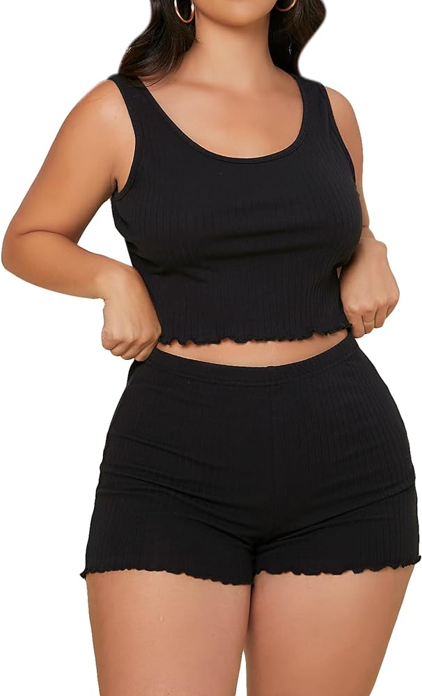 SOLY HUX Women's Plus Size Pajama Set Ribbed Crop Tank Top and Shorts 2 Piece PJ Set Loungewear