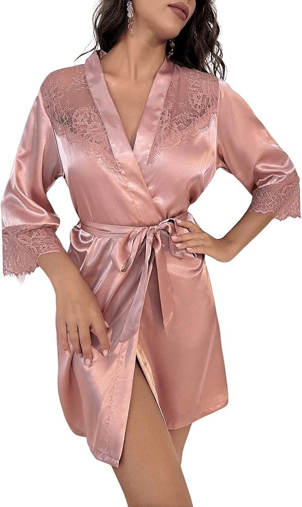 SweatyRocks Women's Lace Trim Long Sleeve Satin Sleepwear Silk Long Kimono Lingerie Robe