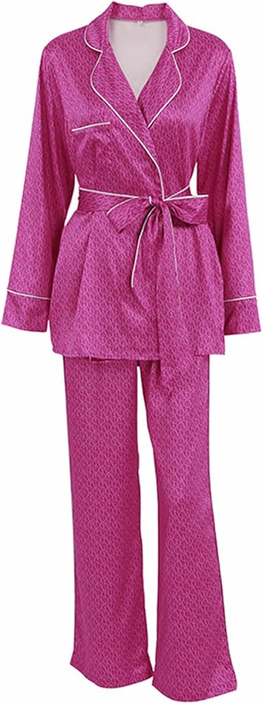 Womens Satin Pajamas Set 2-Pcs Sleepwear Soft Imitation Silk Loungewear Pjs set with Belt