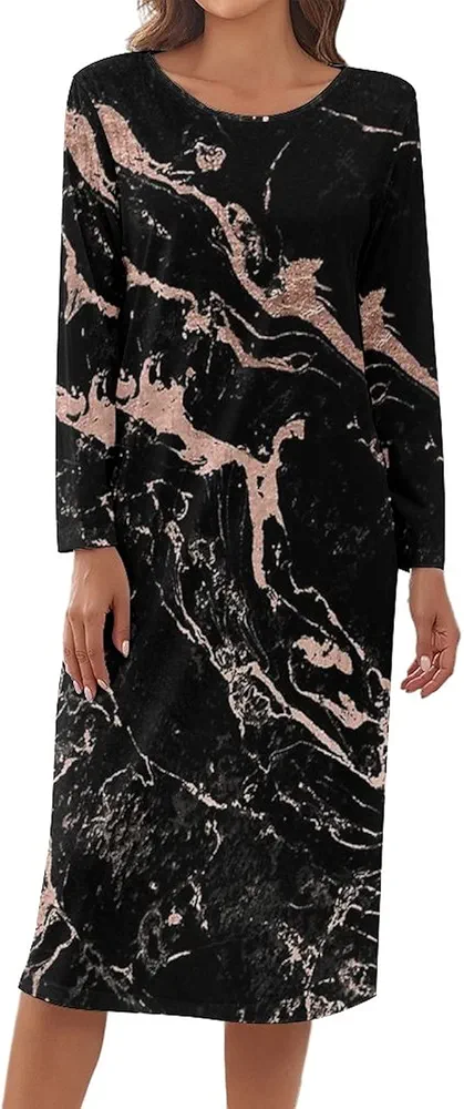 Rose Gold Foil Black Marble Women's Long Sleeve Sleepwear Soft Long Nightgown House Dress L