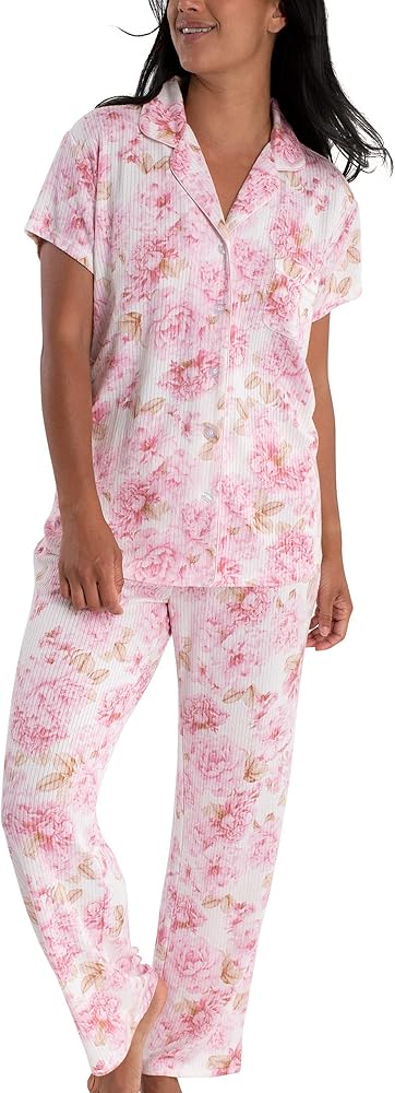 Laura Ashley Women's Hacci Notch Collar PJs Button Down Pajama Set White Floral