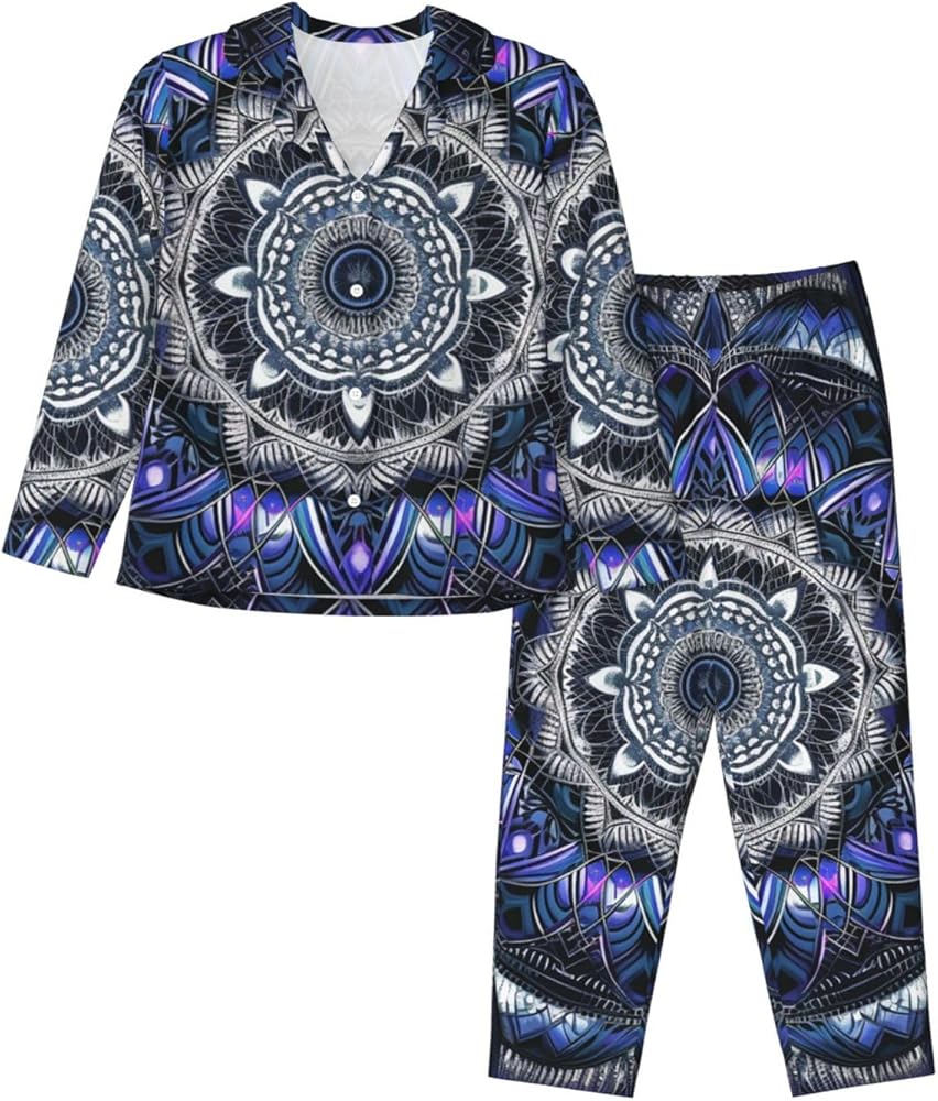 Rectangle Mandala Womens Pajama Set Long Sleeve Button Sleepwear Soft 2 Piece Loungewear With Pocket