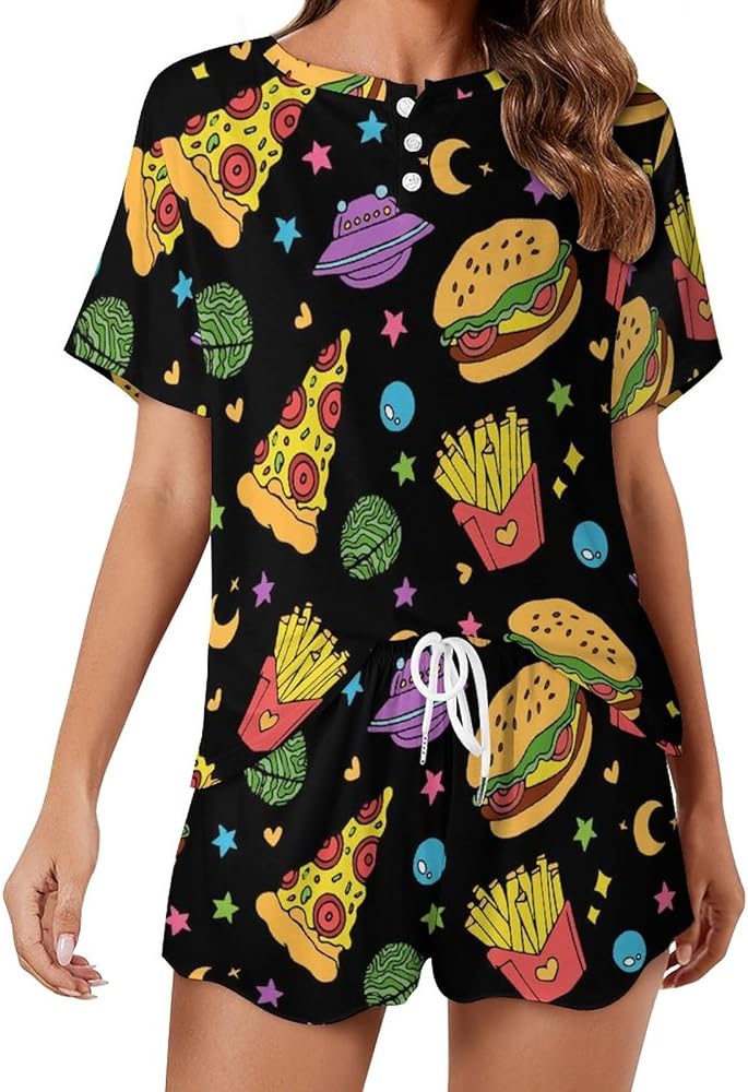 Space Pizza Hamburger And Fries Classic Women's Pajamas Loungewear Set Loose Short Sleeve Sleepwear With Pockets