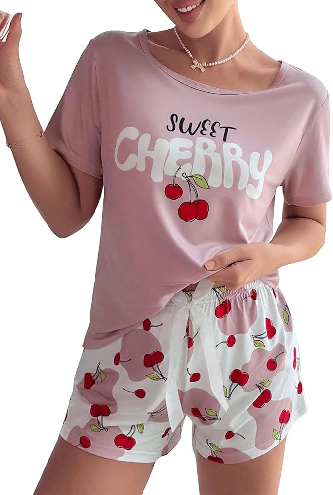 SOLY HUX Pajama Set for Women Cute Print Short Sleeve Tee and Shorts Lounge Sleepwear Multicoloured Letter Cherry M