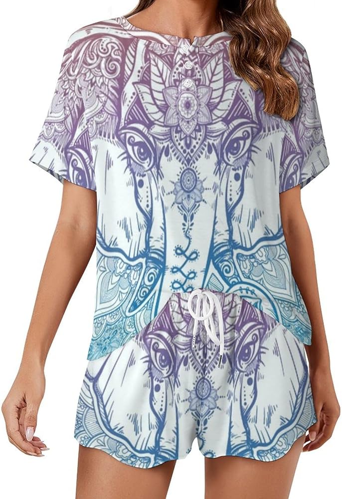 Floral Paisley Elephant Head Pattern Women's 2 Piece Pajamas Short Sleeve Shorts Sleepwear Set Causal Loungewear Home Suit 5XL