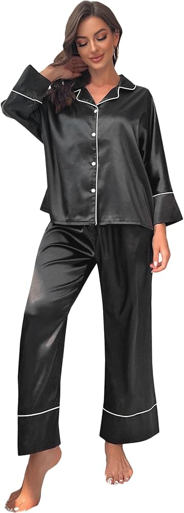 Zelax Women's Satin Pajamas Lounge Set Long Sleeve Top Button Down Pjs Sleepwear Loungewear