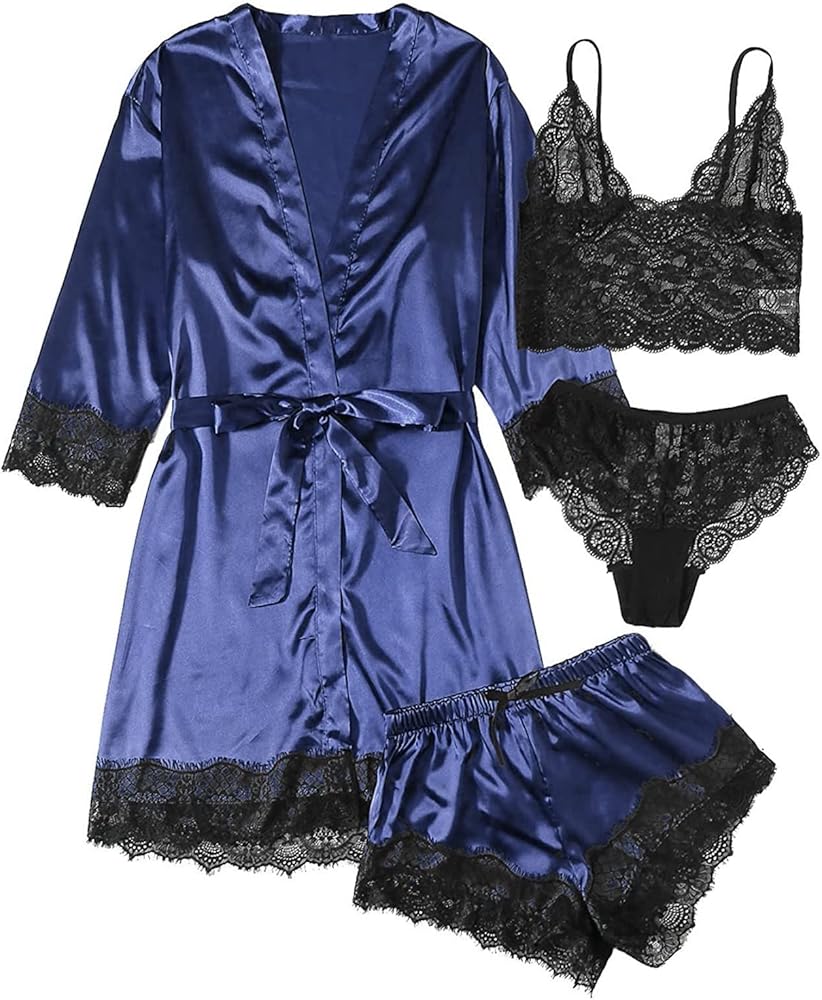 jsaierl Silk Pajamas Set for Women 4Pcs Satin Lingerie Pjs Set, Cami Top & Panty & Shorts & Robe, Sexy Lace Lingerie Set