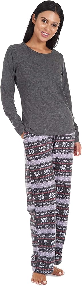 Cherokee Women's Set, Long Sleeve Cotton Top & Micro Fleece Pants, Soft & Cozy Loungewear