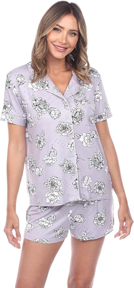 white mark Women's Super Soft Floral Short Sleeve Top and Pajama Shorts Set with front Pocket