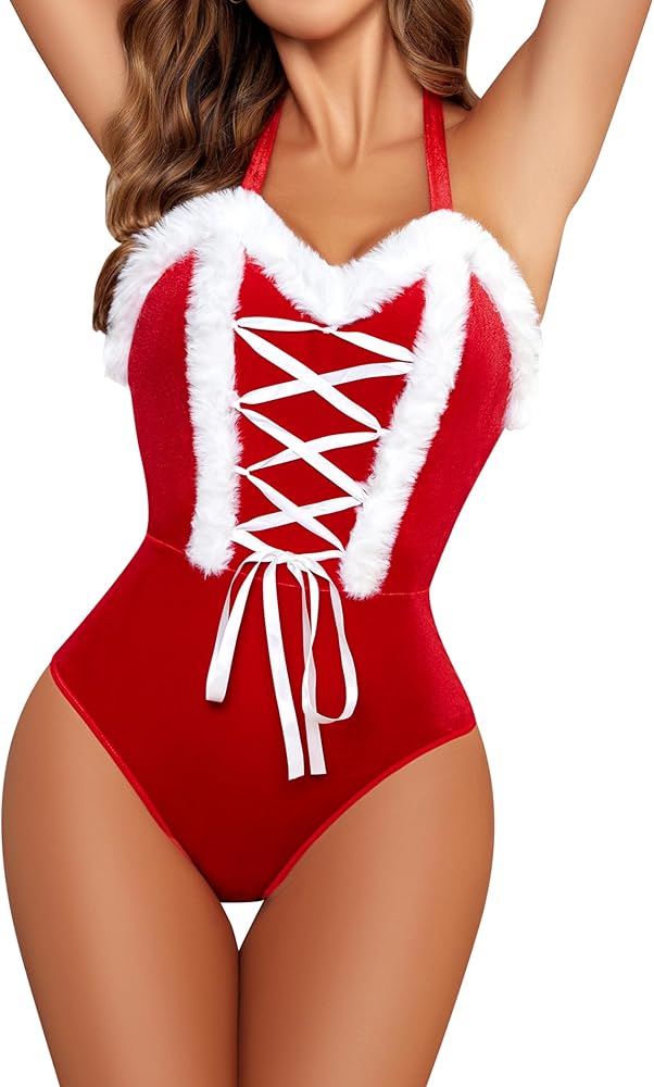 Avidlove Christmas Lingerie for Women Sexy Santa Teddy Lingerie Criss Cross One Piece Babydoll