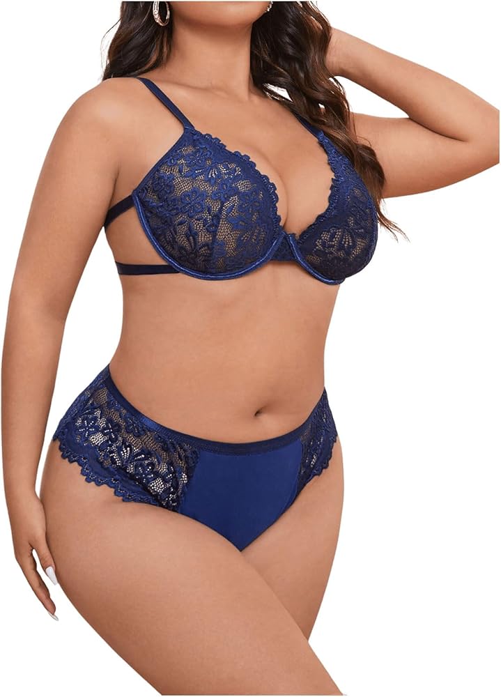 SOLY HUX Women's Plus Size Lingerie Lace Underwire Bra and Panty Lingerie Set