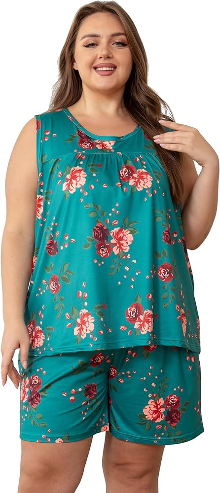 Vozanet Women's Sleeveless Pajama Sets Tank Top and Shorts Sleepwear With Pockets Plus Size Floral Ladies Nighty Loungewear