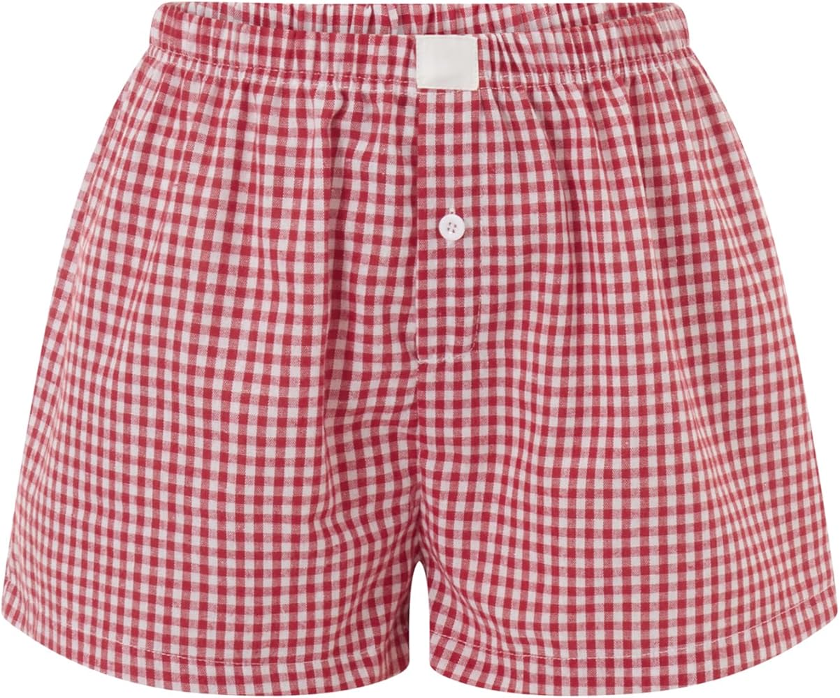 Women Y2K Plaid Pajamas Shorts Cute Elastic Waist Gingham Boxers Shorts Casual Micro Lounge Shorts Striped Bottoms