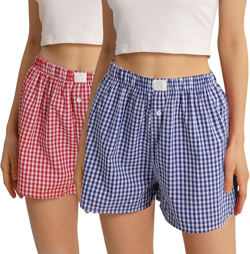 Womens Boxer Shorts Y2k Pajamas Plaid Sleep Boxer Shorts Micro Gingham Elastic Waist Lounge Cute Pj Bottoms Shorts