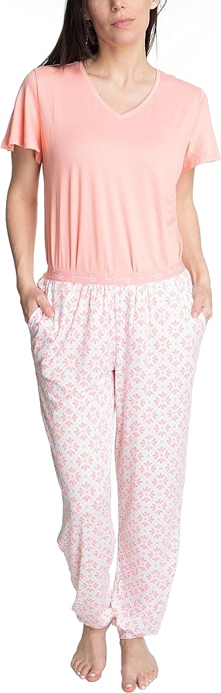 Hanes Women's Step Into Spring Short Sleeve V-neck Top and Jogger Sleep and Lounge Set